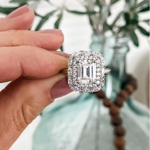 Diamonique Silver Emerald-Cut Halo Ring